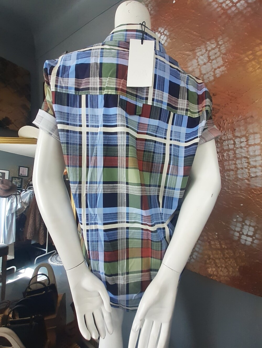 Zara Nwt Classic Short-Sleeve Plaid Button-Up Shirt - Green, Blue And Red - Picture 3 of 13